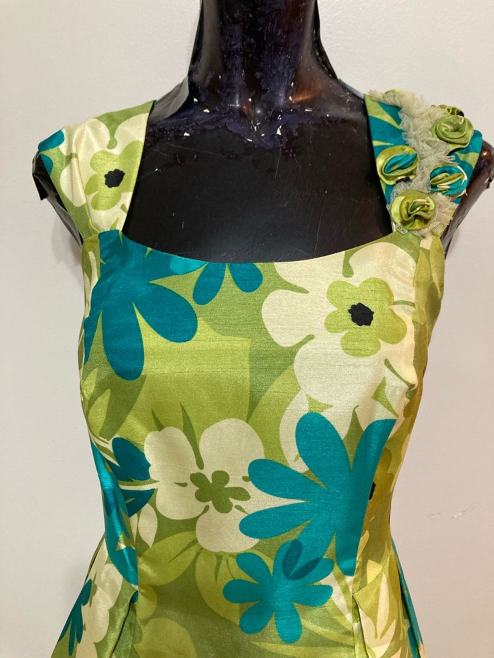 Green Floral A-Line Dress with Teal Accents. Item# TSd21 - Picture 4 of 7